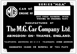 Very early MGA 1500 etched reproduction ID plate